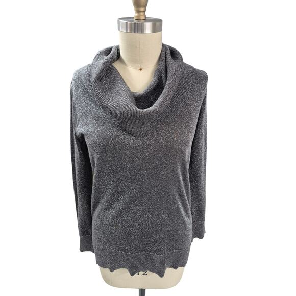Michael Kors Poly Blend Metallic Gray/Silver Cowl Neck Tunic Ribbed Trim Sz L - Picture 1 of 6